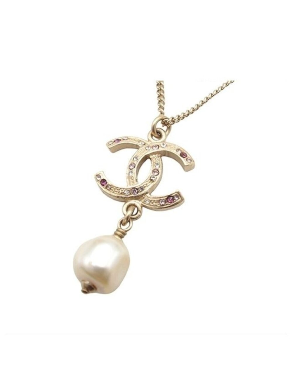 Chanel 12A Necklace Light Gold Metal CC Logo Faux Pearl Costume 12